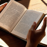 A person reading a physical book in a sunlit room, phone turned off nearby, promoting a break from digital devices.