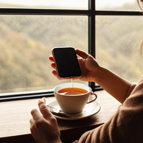 Home 4 A person enjoying a cup of tea while looking out the window, smartphone set aside, conveying a sense of peace and disconnection from technology. Warm, muted colors, soft lighting.