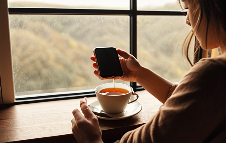 A person enjoying a cup of tea while looking out the window, smartphone set aside, conveying a sense of peace and disconnection from technology. Warm, muted colors, soft lighting.